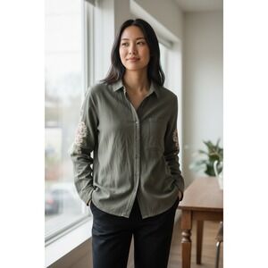 Mystree Button Down Shirt Floral Embroidered Olive Green Boho‎ Small Fairy NWOT